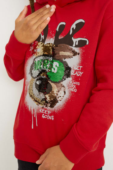 Kinderen: jongens - Rendier - hoodie voor de kerst - glanseffect - rood