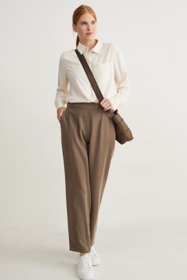 Femmes - Pantalon de toile - high waist - tapered fit - marron