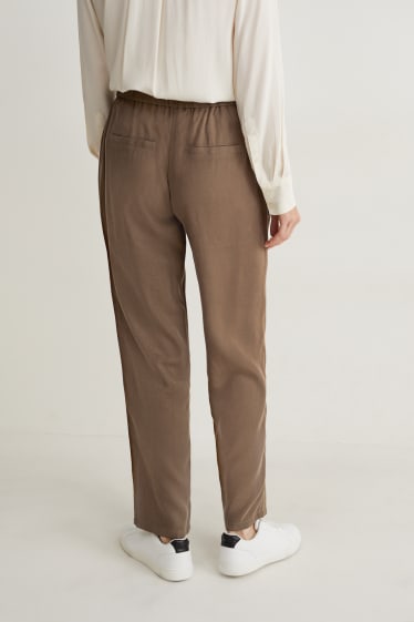 Dámské - Plátěné kalhoty - high waist - tapered fit - hnědá