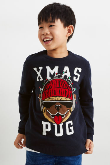 Bambini - Maglione natalizio - carlino - blu scuro
