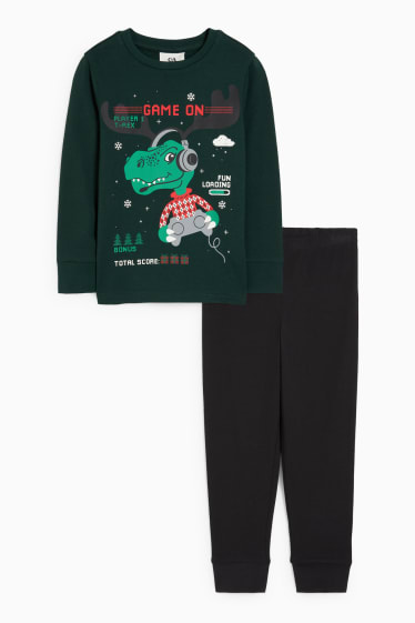 Kinder Jungen - Dino - Weihnachts-Pyjama - 2 teilig - dunkelgrün