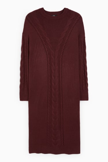 Women - Knitted dress - cable knit pattern - bordeaux