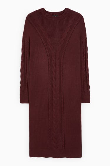Damen - Strickkleid - Zopfmuster - bordeaux