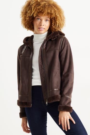 Damen - Faux Shearling Jacke mit Kapuze - Velourslederimitat - dunkelbraun