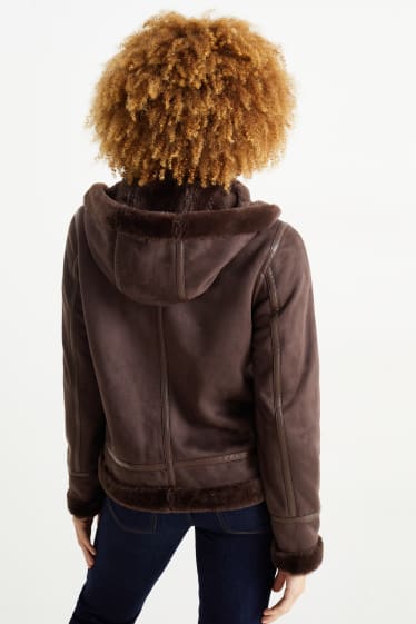 Women - Faux shearling jacket with hood - faux suede - dark brown