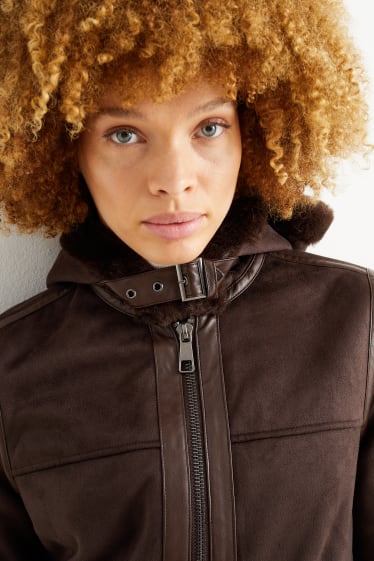 Dona - Jaqueta de doble faç sintètica amb caputxa - pell girada sintètica - marró fosc
