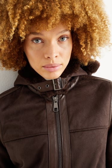 Women - Faux shearling jacket with hood - faux suede - dark brown