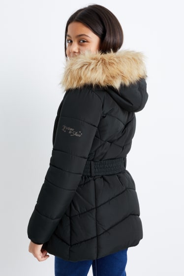 Dětské - Prošívaná bunda s kapucí a límcem z umělé kožešiny - černá