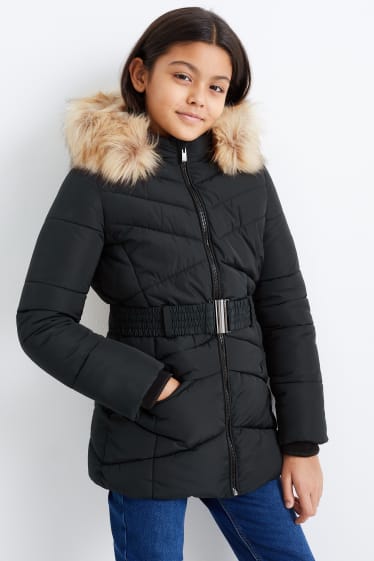 Dětské - Prošívaná bunda s kapucí a límcem z umělé kožešiny - černá