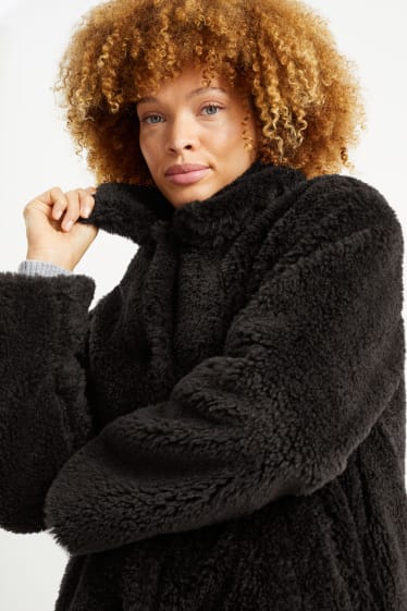 Women - Teddy fur coat - black