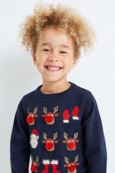 Kinderen: jongens - Trui voor de kerst - Kerstman met rendier - donkerblauw