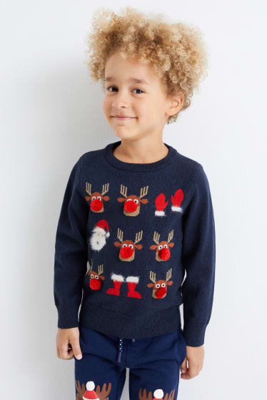 Kinderen: jongens - Trui voor de kerst - Kerstman met rendier - donkerblauw