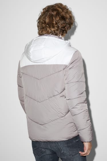Pánské - Prošívaná bunda s kapucí - bílá/šedá