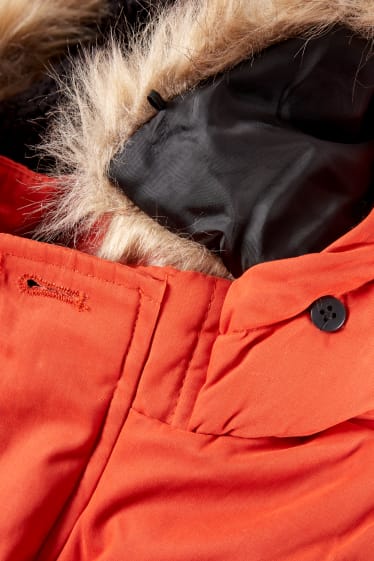 Kinderen - Gewatteerde jas met capuchon en imitatiebontrandje  - donker oranje