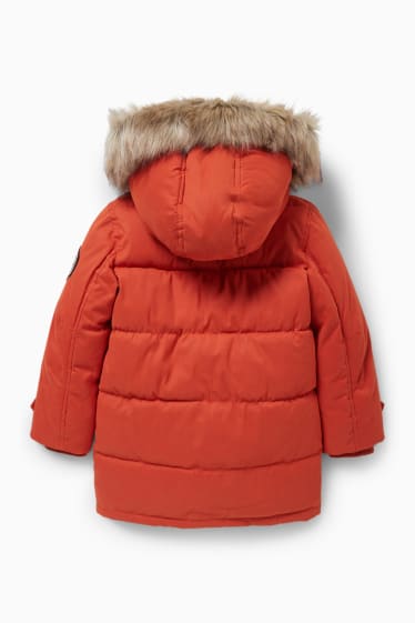 Kinderen - Gewatteerde jas met capuchon en imitatiebontrandje  - donker oranje
