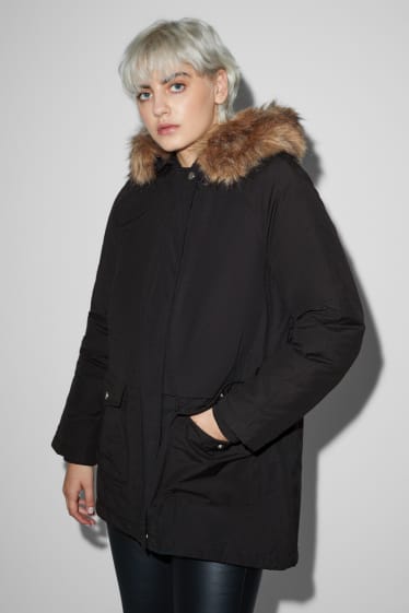 Femmes - CLOCKHOUSE - parka à capuche et garniture en imitation fourrure - noir