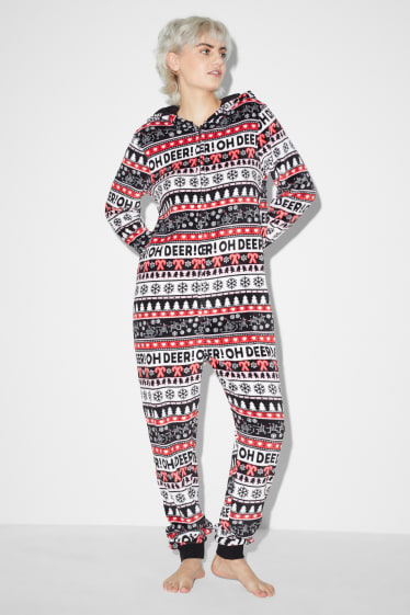 Damen - Weihnachts-Fleece-Onesie mit Kapuze - schwarz
