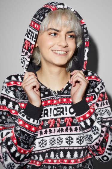 Damen - Weihnachts-Fleece-Onesie mit Kapuze - schwarz