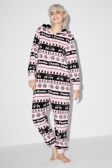 Damen - Weihnachts-Fleece-Onesie mit Kapuze - rosa