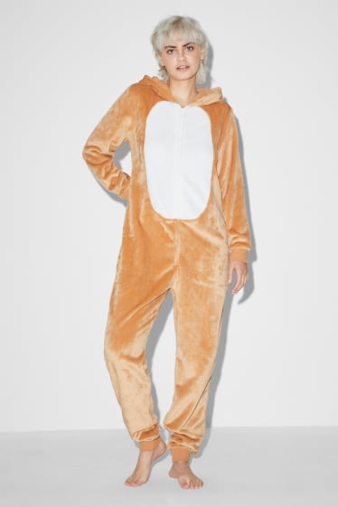Damen - Weihnachts-Fleece-Onesie mit Kapuze - hellbraun
