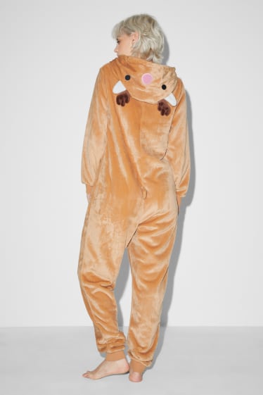 Damen - Weihnachts-Fleece-Onesie mit Kapuze - hellbraun