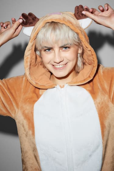 Damen - Weihnachts-Fleece-Onesie mit Kapuze - hellbraun