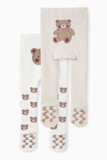 Bébés - Lot de 2 paires - ourson - collants antidérapants pour bébé - beige clair