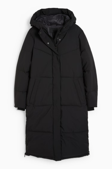 Dámské - Prošívaný kabát s kapucí - černá