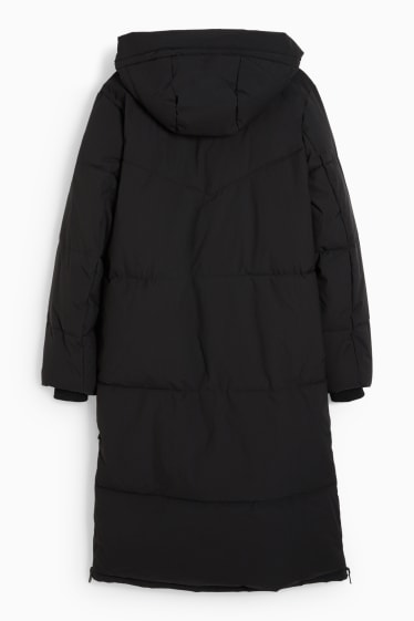 Women - Quilted coat with hood - black