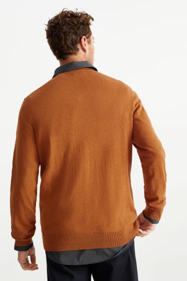 Hommes - Pull en maille fine et chemise - regular fit - col kent - marron clair