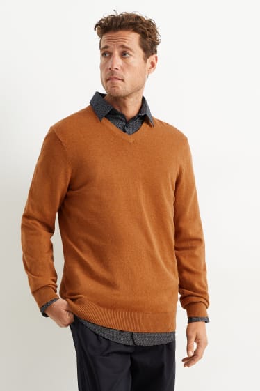 Home - Jersei de punt fi i camisa - regular fit - coll kent - marró clar