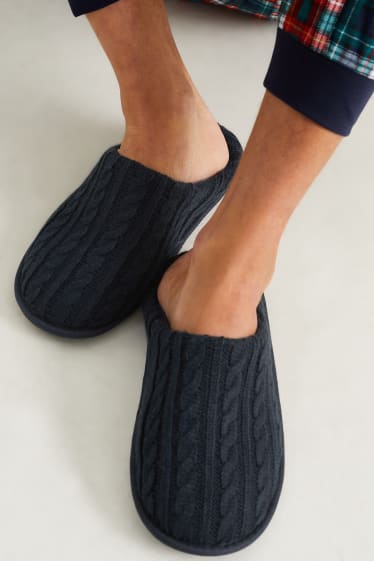 Men - Knitted slippers - cable knit pattern - dark blue