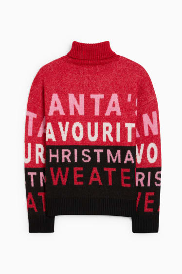 Femmes - Pull à col roulé de Noël - Santa - noir / rouge