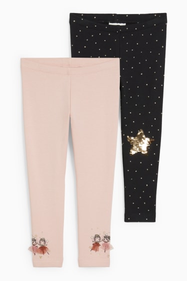Kinderen: meisjes - Set van 2 - thermolegging - glanseffect - zwart / roze
