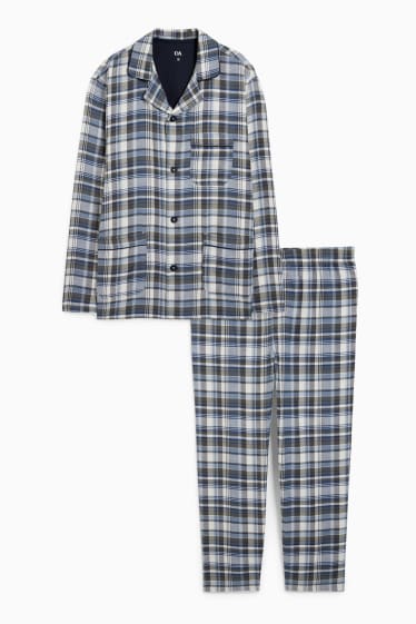 Heren - Flanellen pyjama - geruit - beige / blauw