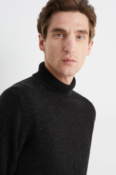 Men - Polo neck jumper - wool blend - dark gray