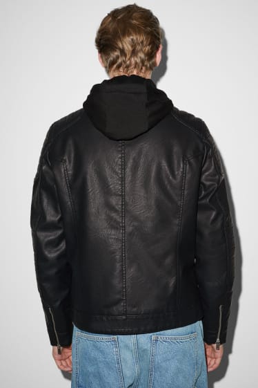 Men - Biker jacket with hood - faux leather - black