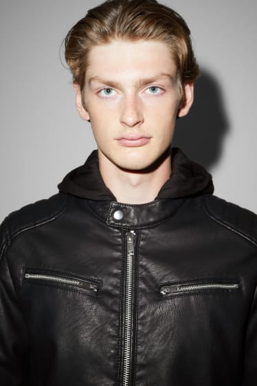 Men - Biker jacket with hood - faux leather - black