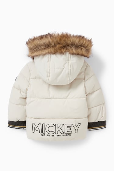 Babies - Mickey Mouse - baby quilted jacket with hood and faux fur trim - beige