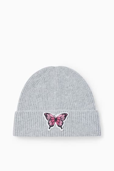 Children - Butterfly - knitted hat - light gray-melange