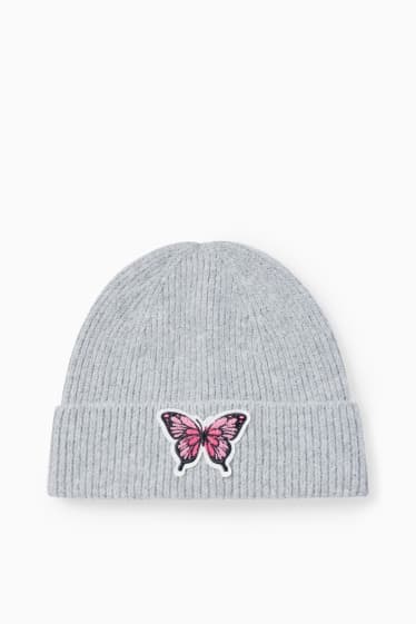 Enfants filles - Papillon - bonnet en maille - gris clair chiné