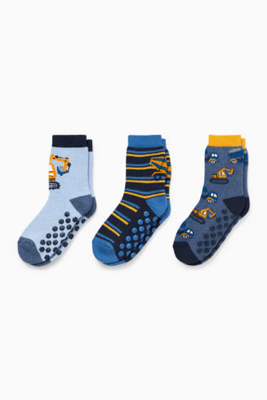 Enfants - Lot de 3 paires - tractopelles - chaussettes antidérapantes à motif - bleu foncé