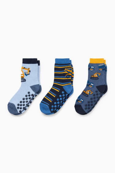 Kinderen: jongens - Set van 3 paar - graafmachine - antislipsokken met motief - donkerblauw