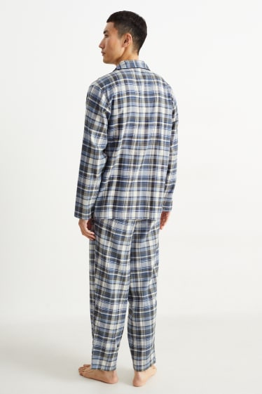Heren - Flanellen pyjama - geruit - beige / blauw