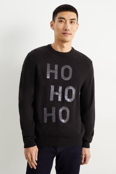 Bărbați - Pulover cu motive de Crăciun - HoHoHo - aspect lucios - negru