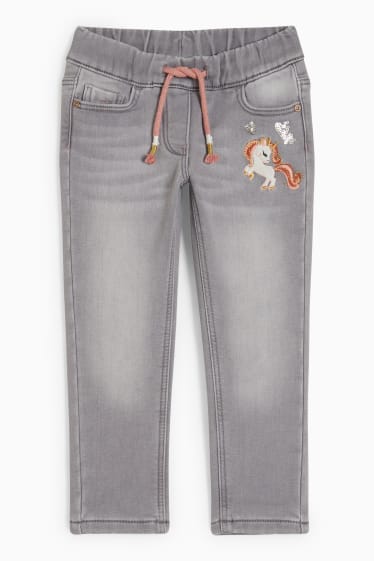 Children Girls - Unicorn - skinny jeans - thermal jeans - denim-light gray