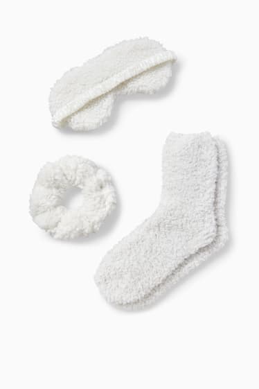 Femmes - Ensemble - masque de sommeil, chaussettes et chouchou - 3 pièces - blanc