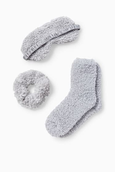 Femmes - Ensemble - masque de sommeil, chaussettes et chouchou - 3 pièces - gris clair