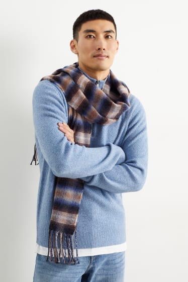 Men - Fringed scarf - check - brown / blue