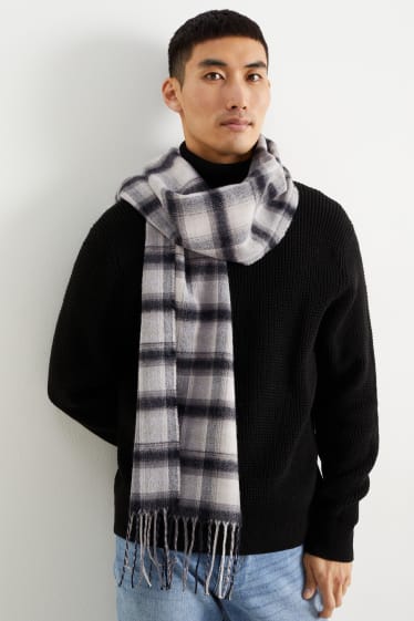 Men - Fringed scarf - check - black / beige